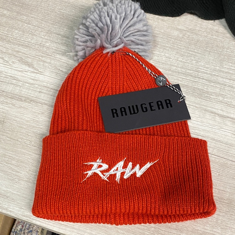 RAWGEAR Red and Gray Pom Beanie